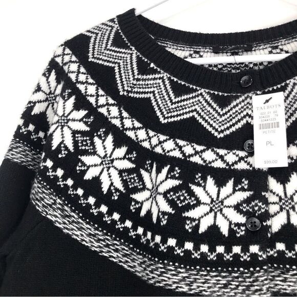 Talbots NEW Black Cardigan Sweater with White Nordic Snowflake Pattern - Picture 6 of 11